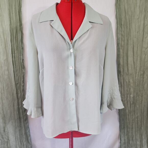 Drapers & Damon's Green Sheer Long Button Up Embroidery Ruffle Blouse Size 16 - Picture 1 of 7